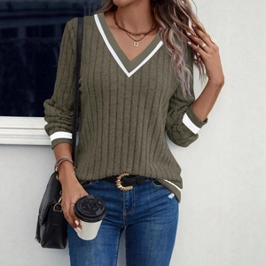 Olive green V-neck long sleeve knit top with white trim and ribbed vertical texture