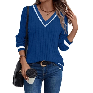 Women's casual V-neck knit top in dark blue with white contrast trim and long sleeves