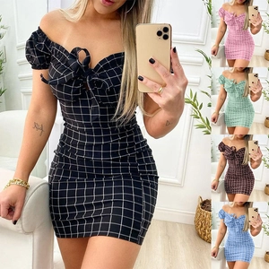 Women Sexy Off Shoulder Gingham Mini Dress Puff Sleeve Bow Tie Bodycon Slim Fit Summer Party Short Dress