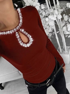 Slim fit burgundy ribbed long sleeve top with rhinestone cutout neckline for women