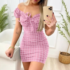 Pink checkered off-shoulder bodycon mini dress with front bow and bubble sleeves