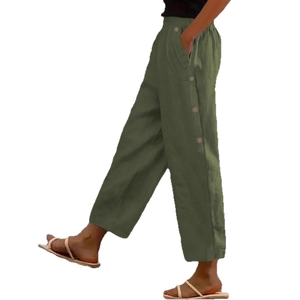Army green wide-leg trousers with elastic high waist and decorative side buttons