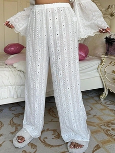 Women's white high-waisted wide-leg trousers with elegant hollow lace embroidery texture