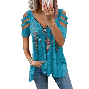 Blue V-neck cold-shoulder T-shirt with zipper and bohemian feather print patterns
