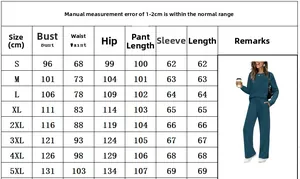 Detailed size guide for women's long sleeve lounge set from S to 5XL with measurements