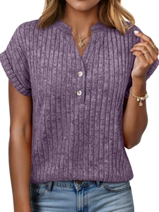 Detail view of purple ribbed knit V-neck top with white buttons and soft texture