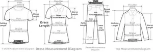 Detailed size guide showing measurement methods for shirts, dresses, and pants in cm