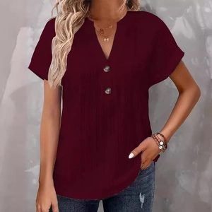 T-shirt da donna scollo a V rosso vino a maniche corte con bottoni e tessuto a coste