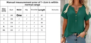 Size chart for dark green linen V-neck shirt with detailed measurements from S to XXL