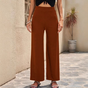 Women's brown high waisted ribbed wide leg trousers for casual outdoor fashion
