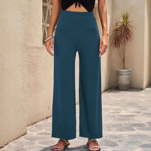 Women's high waist dark blue ribbed wide-leg pants in a comfortable breathable casual fit