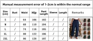 Guide des tailles pour pantalons décontractés à taille haute, mesures S-2XL incluses
