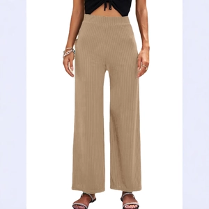 Women's high waist khaki wide leg pants with elastic waist and ribbed knit texture