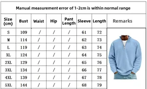 Detailed size chart for men corduroy quarter-zip sweatshirt showing S to 5XL measurements