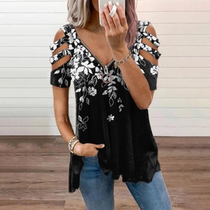 Detail of cold-shoulder cut-out and V-neck zipper on black floral print women's T-shirt