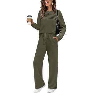 Olive green two-piece lounge set with pleated long sleeve top and wide leg pants