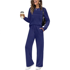 Deep blue long sleeve two-piece lounge set with pleated top and high waist wide leg pants