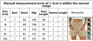 Size chart for women drawstring casual shorts with elastic waist and pockets