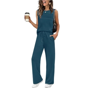 Women's casual two-piece set featuring pleated sleeveless top and drawstring wide-leg pants