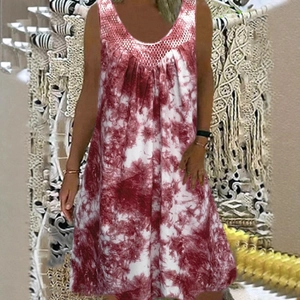 Damen Sommer Kleid ärmellos mit Mesh-Einsatz U-Ausschnitt und rot-weißem Batikdruck