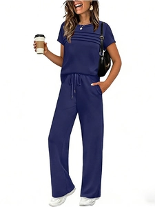 Navy blue women's casual two-piece set with short sleeve pleated top and wide leg pants
