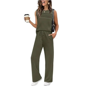 Olive green two-piece lounge set featuring pleated sleeveless top and wide-leg trousers