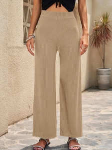 Pantalones de mujer de talle alto y pierna ancha en tejido acanalado marrón claro liso