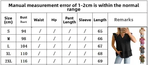 Size chart for women's V-neck ruffle sleeveless top showing bust and length measurements
