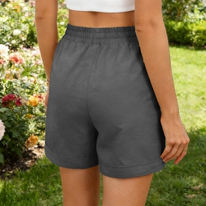 Rear view of women's dark gray drawstring shorts showing high waist and rolled hem detail