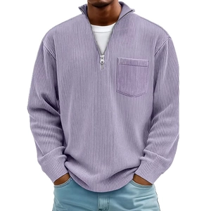 Felpa da uomo lilla a coste con mezza zip e tasca sul petto dallo stile casual