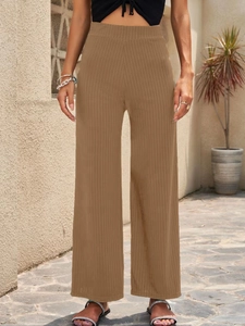 Women's high waist tan wide leg pants in breathable ribbed knit fabric