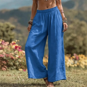 Royalblaue weite Baumwoll-Leinenhose mit elastischem hohem Bund und Seitentaschen