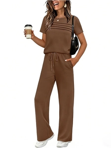 Women's brown two-piece leisure set with short sleeve pleated top and wide leg pants