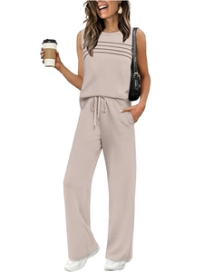Women's two-piece casual loungewear set with pleated sleeveless top and wide leg pants in beige