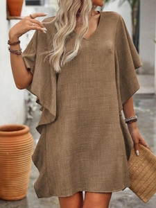 Women Casual V Neck Ruffle Sleeve Mini Dress Solid Color Loose Fit Textured Vacation Summer Beach Party Straight Dress