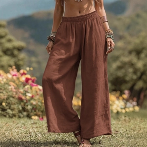 Dunkelbraune Baumwoll-Leinen-Hose mit weitem Bein, Gummizug und Seitentaschen