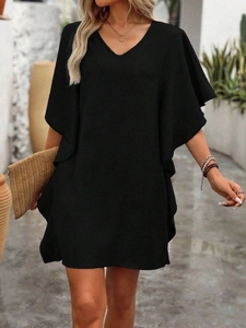 Women's black V-neck mini dress with ruffled butterfly sleeves and textured fabric