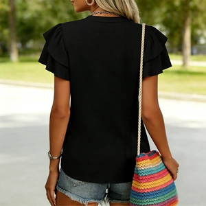 Rear view of black V-neck t-shirt featuring elegant double-layer ruffle sleeves in summer