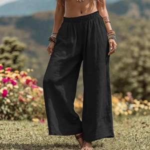 Lockere schwarze Leinenhose mit weitem Bein, elastischem Hochbund und Seitentaschen