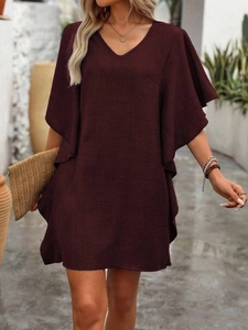 Deep burgundy V-neck loose dress with ruffle butterfly sleeves in breathable linen fabric