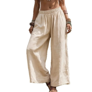 Damen Baumwoll-Leinenhose mit weitem Bein, elastischem Bund und Taschen in Beige-Natur
