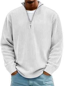 Men's white quarter-zip ribbed polo sweater with long sleeves and metal zipper detail