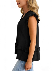 Women's black V-neck sleeveless chiffon blouse with ruffle trim and layered hem