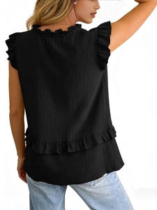 Women's black sleeveless shirt with pleated texture and ruffle trim on the back
