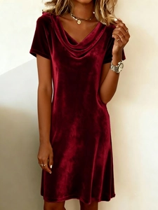 Elegant wine red velvet bodycon dress with cowl neck and short sleeves for women