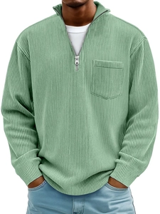 Men's light green rib knit half-zip sweatshirt with a stand collar and chest pocket