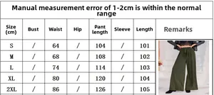 Tableau des tailles du pantalon large vert olive à taille haute, de la taille S à 2XL
