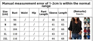 Size chart for V-neck ruffle sleeve blouse with bust and length measurements in cm