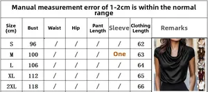 Detailed size chart for women's cowl neck short sleeve satin blouse from S to 2XL
