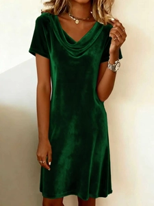 Elegant dark green velvet dress with cowl neck and short sleeves for a sophisticated look